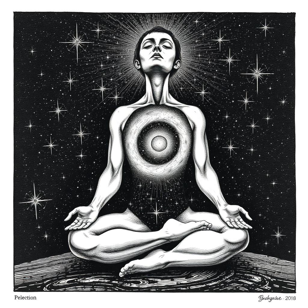 Figură meditând cu galaxie în piept