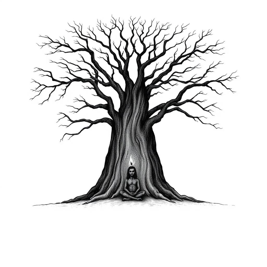 Siluetă în meditație sub arbore desfrunzit